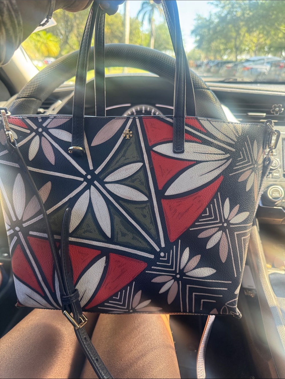 Tory Burch Black Floral Geometric Leather Tote with Red & Olive Accents